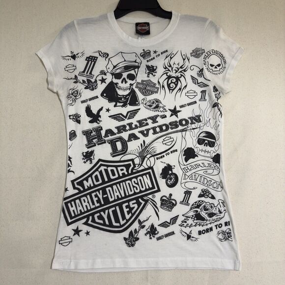 Harley Davidson Bravado Women's XL T-Shirt Born To Ride Big Logos Wht Blk - Rare - Picture 1 of 14